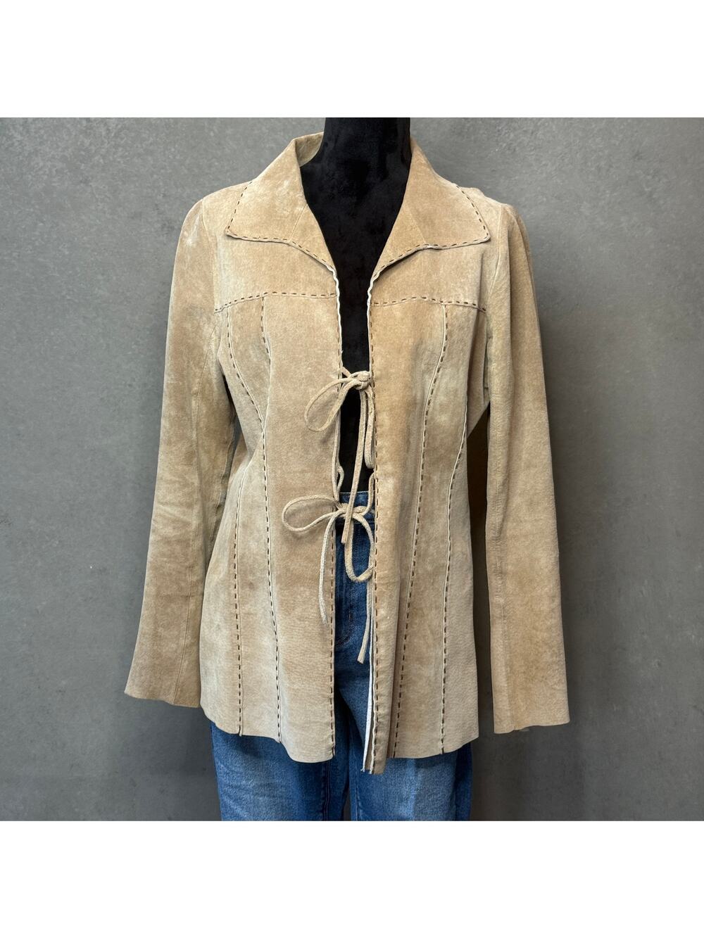 Wet Seal 100% Genuine Leather Lace Up Jacket L Tan Boho Y2K